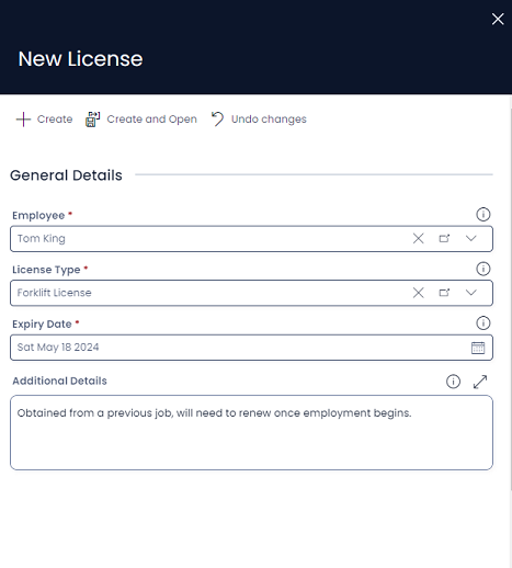 A screenshot of the &quot;New License&quot; create screen. At the top is a large navy header that reads &quot;New License&quot;. There is also a cross in the upper left corner for closing the side panel. Underneath is the usual command strip buttons which read: &quot;+ Create&quot;, &quot;Create and Open&quot;, and &quot;Undo Changes&quot;. Beneath this are the fields for the license record: &quot;Employee&quot;, &quot;License Type&quot;, &quot;Expiry Date&quot;, and &quot;Additional Details&quot;. 
